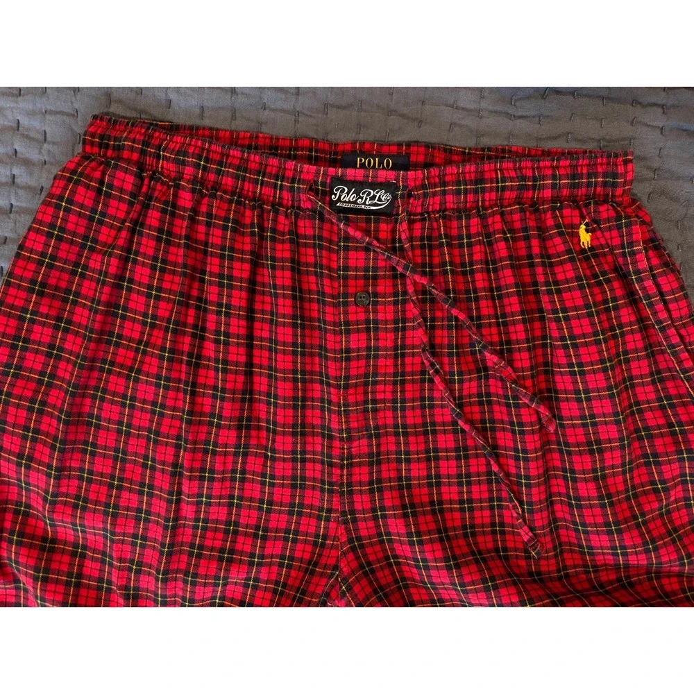 Polo Ralph Lauren Sleepwear PJ Pants Red Tartan Micro Plaid Men's L Yellow Pony